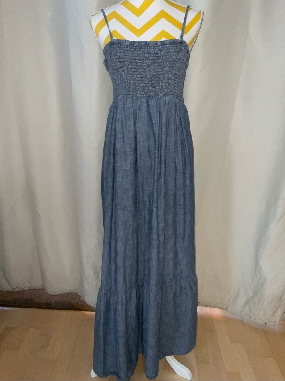 GAP Chambray/Denim Smocked Tiered Maxi Dress